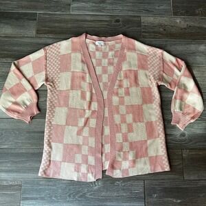 Annie Wear Oversized Checkerboard Cardigan Sweater Womens Size M Beige Pink Knit